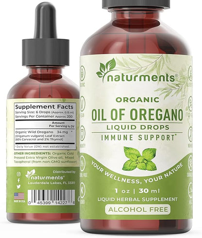 Naturments Oregano Oil Drops for Immune Support & Gut Health. Vegan, Non-GMO, Sugar Free & Gluten Free Organic Wild Mediterranean Oregano Oil with Organic Extra Virgin Olive Oil - 1 Fl Oz 30 Ml