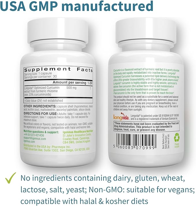 Igennus Longvida Lipidated Curcumin 500mg, Ultra Bioavailable & Sustained Action, Vegan, 180 Capsules