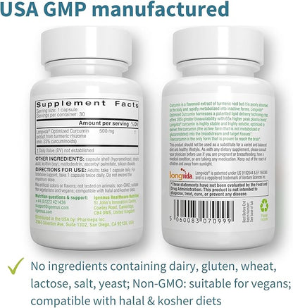 Igennus Longvida Lipidated Curcumin 500mg, Ultra Bioavailable & Sustained Action, Vegan, 180 Capsules