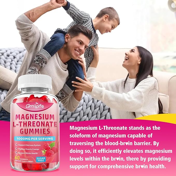 Magnesium L-Threonate Gummies 1000MG, Magnesium Threonate Supplement for Kids & Adults, Muscle & Nervous System Support, Sugar-Free, Raspberry Flavor, 60 Count