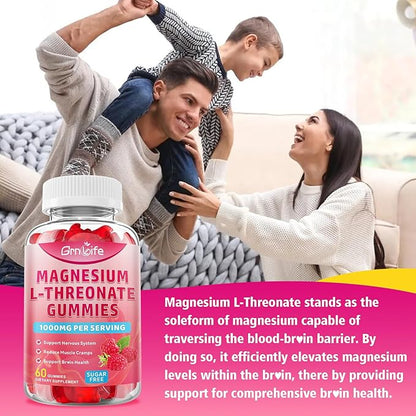 Magnesium L-Threonate Gummies 1000MG, Magnesium Threonate Supplement for Kids & Adults, Muscle & Nervous System Support, Sugar-Free, Raspberry Flavor, 60 Count