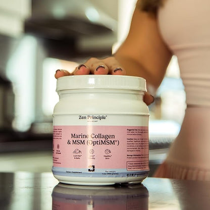 Zen Principle Marine Collagen Peptides Powder with OptiMSM® Supplement. Clinically Tested for Skin Support. Wild-Caught Fish, Non-GMO. Container 16 oz