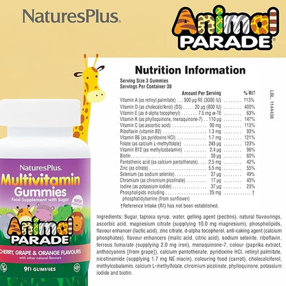 Natures Plus Animal Parade Multivitamin Children's Gummies - 90 Count - Assorted Cherry, Grape & Orange Flavors - Supports Immune System - Vegetarian, Gluten Free - 30 Servings