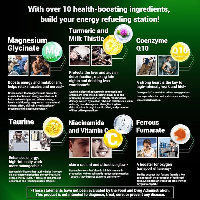 Energy Boost & Magnesium Glycinate, Contains Vitamin D3, Vitamin C, Turmeric, Ashwagandha, Milk Thistle, Calcium & Magnesium Supplement 60 Tablets