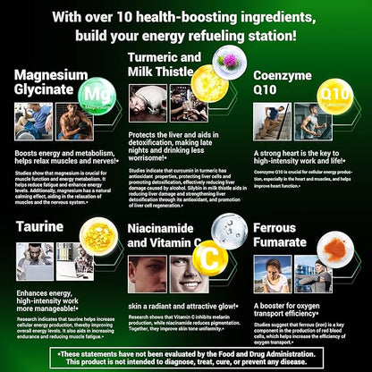 Energy Boost & Magnesium Glycinate, Contains Vitamin D3, Vitamin C, Turmeric, Ashwagandha, Milk Thistle, Calcium & Magnesium Supplement 60 Tablets