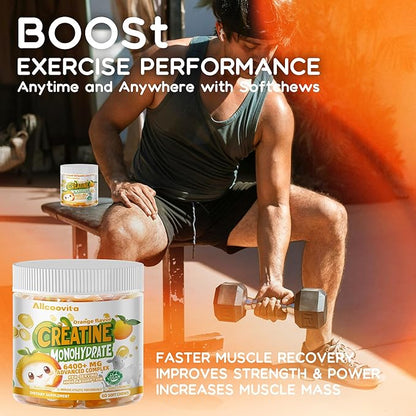 Creatine Monohydrate Chews Complex 6400mg for Men & Women -Advanced Formula W/L-Taurine + Vitamin B12, Sugar Free Chewable Supplement,60 Orange Softchews