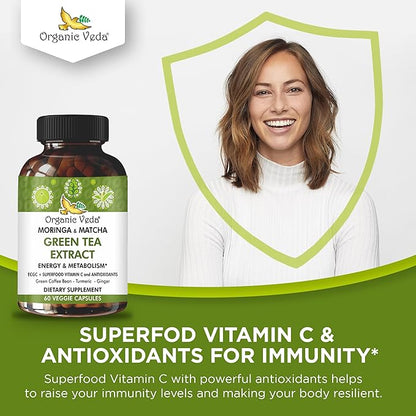 Organic Veda Green Tea Extract ECGC Capsules - Antioxidants Rich Matcha, Green Coffee Bean, Turmeric, Moringa, Vitamin C - Energy, Metabolism, Brain, Immune & Heart Health Supplement - 60 Pills