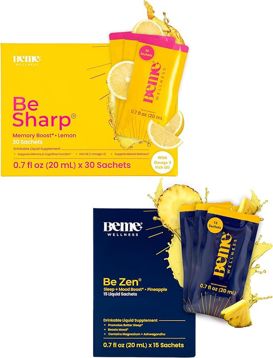 BeMe BeSharp & BeZen Bundle - Liquid Omega-3 & Magnesium Glycinate L-Theanine Supplements