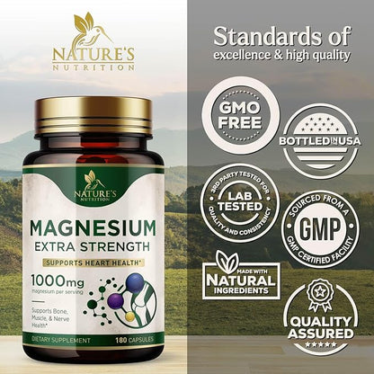 Magnesium Supplement (Citrate Oxide) 1000mg for Best Absorption, Supports Bone, Heart Health, Nerves, Muscles & Metabolism, Nature's Pure Magnesio Vitamin Pills, Bottled in USA, 180 Capsules