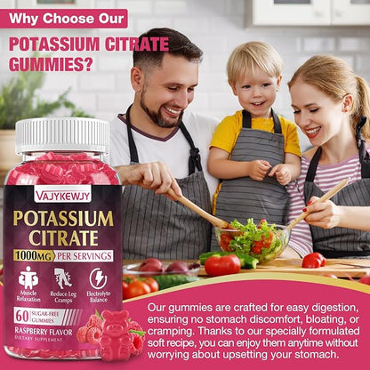 Potassium Citrate Gummies, High Potassium Supplement (1000mg), Supports Leg Cramps & Muscle Health, Suitable for Adults & Kids, Vegan, Non-GMO, 60-Count