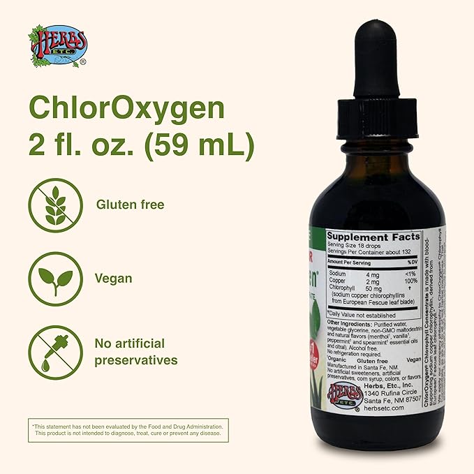 Herbs Etc. ChlorOxygen Chlorophyll Concentrate - Highly-Concentrated Energy Support - Aids Healthy Blood Circulation - Natural Vitality Support - Alcohol-Free - Mint, 2 fl oz (About 132 Servings)