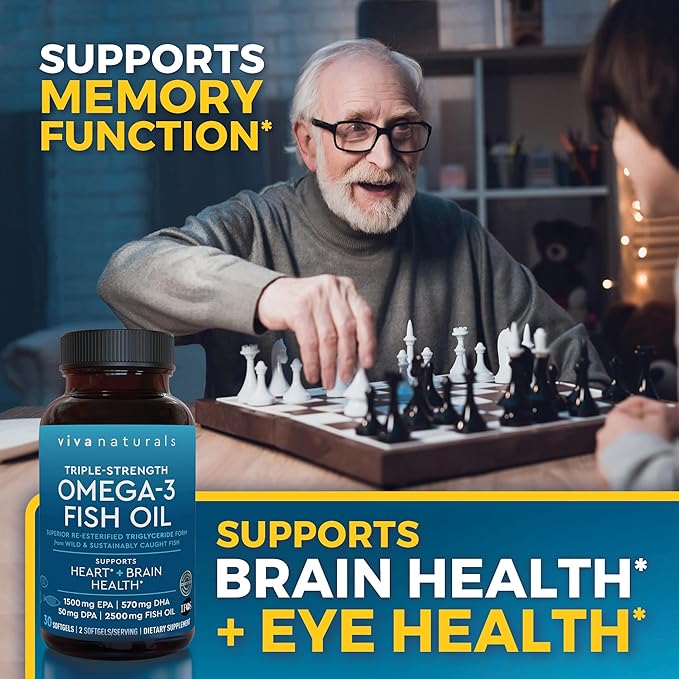 Viva Naturals Omega 3 Fish Oil Supplement for Women and Men - 2500 mg Triple Strength Fish Oil Pills with Re-Esterified Omega 3 Fatty Acids Including EPA, DHA DPA - 30 Pescatarian-Friendly Softgels
