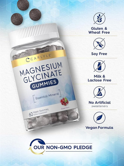 Carlyle Magnesium Glycinate Gummies | 60 Count | Grape Flavor | Vegan, Non-GMO, Gluten Free Supplement