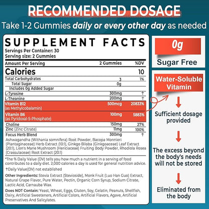 Sugar Free L-Tyrosine Focus Gummies L-Theanine Vitamin B12 & B6, Brain Herbs w/Lion's Mane Mushroom, Ginkgo Biloba, Bacopa Monnieri, Choline - Brain Supplements for Memoery, Nootropic, Energy, 2Packs