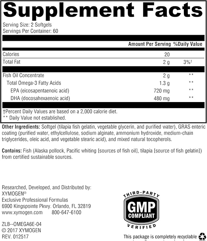 XYMOGEN OmegaPure 600 EC - International Fish Oil Standards (IFOS) Five-Star Certified Fish Oil - DHA EPA Omega-3 Supplement for Cardiovascular + Cognitive Support (120 Softgels)