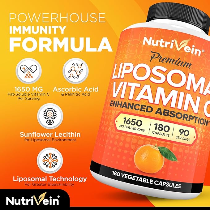 Nutrivein Premium Liposomal Vitamin C Supplement 1650mg - 180 Caps: High-Absorption Vitamin C Capsules for Whole-Body Defenses & Overall Well-Being