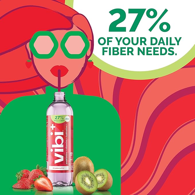 Vibi+ Strawberry Kiwi Prebiotic Water - Digestive Health Support - Sugar Free High Fiber Flavored Drink - Keto, Vegan, Healthy, Low Carb - 16.9 fl oz - Pack of 12