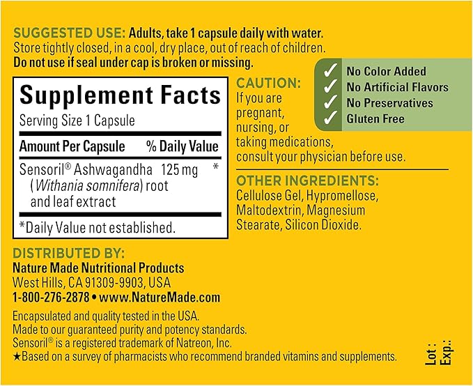 Nature Made Ashwagandha Capsules 125mg for Stress Support, 60 Capsules, 60 Day Supply