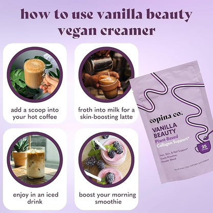 Vanilla Beauty Vegan Collagen Booster Creamer: Plant Based Collagen Support Smoothie Drink Vegan Creamy Blend | Vanilla Flavor | 1 Bag - 25 Servings per Bag