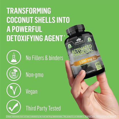 Activated Charcoal Capsules - 1,200 mg Highly Absorbent Helps Alleviate Gas & Bloating Promotes Natural detoxification Derived from Coconut Shells - per Serving - 100 Vegan Capsules