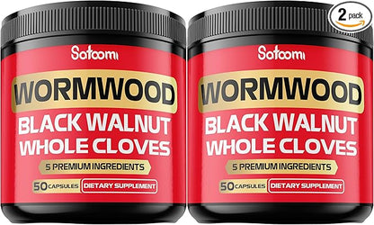Satoomi [2 Packs - 50 Capsules - 5 in 1 Wormwood Capsules Supplement - Extracted from Black Walnut Whole Cloves Turmeric and Berberine HCl Immune System & Digestion Health