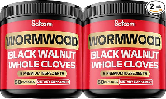 Satoomi [2 Packs - 50 Capsules - 5 in 1 Wormwood Capsules Supplement - Extracted from Black Walnut Whole Cloves Turmeric and Berberine HCl Immune System & Digestion Health