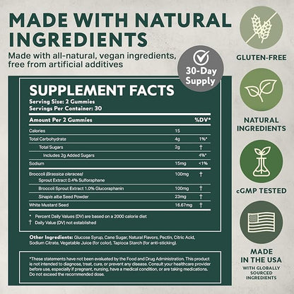 NeuroBrocc Sulforaphane Supplement Gummies - Potent Broccoli Sprout Extract Supplement - 60 Vegan Friendly Green Apple Flavor Gummies