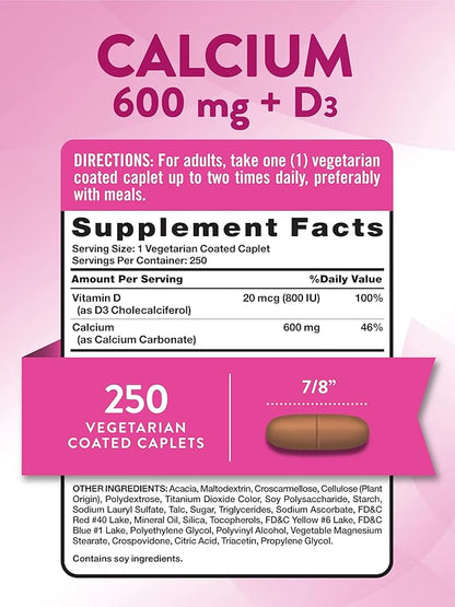 Nature's Truth Calcium 600mg with Vitamin D3 | 250 Caplets | Calcium Carbonate | Vegetarian, Non-GMO & Gluten Free Supplement