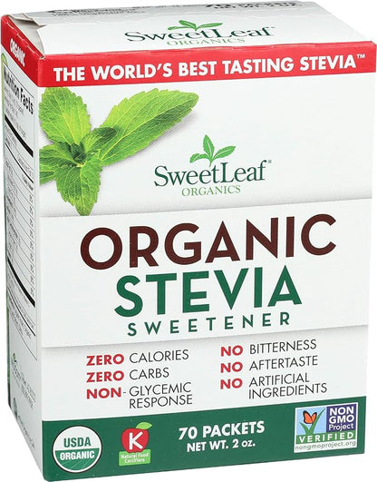 SweetLeaf Organic Stevia Powder Packets - Zero Calorie Sweetener with Stevia Leaf Extract, No Artificial Sweetener Additive, Sugar Free, Keto Friendly, Non GMO, Gluten Free - 70 Packets (Pack of 1)