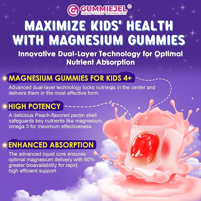 Magnesium Glycinate Gummies for Kids 4+ & Magnesium Citrate, Melatonin Free-Kids Magnesium Supplement w/L-Theanine, Omega 3, D3 K2, B6 B12, for Zzz, Relaxation, Muscle, Brain & Gut, Sugar Free 60 Cts