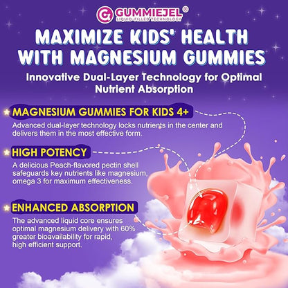 Magnesium Glycinate Gummies for Kids 4+ & Magnesium Citrate, Melatonin Free-Kids Magnesium Supplement w/L-Theanine, Omega 3, D3 K2, B6 B12, for Zzz, Relaxation, Muscle, Brain & Gut, Sugar Free 60 Cts