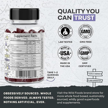 Wild Foods Kids Calm Gummies - Ashwagandha Gummies for Kids w/GABA, L-Theanine, Lemon Balm & Charmomile - Support Natural Relaxation, Stress Relief & Sleep, for Children 4+, Berry Flavor, 60 Count