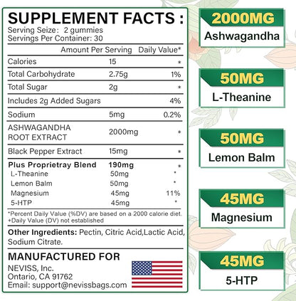 NEVISS Black Seed Oil Gummies, Chlorophyll & Sea Moss Supplement 500mg Ashwagandha Gummies 2000mg