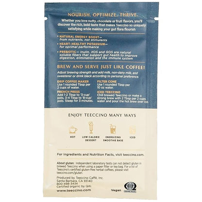 Teeccino Prebiotic SuperBoost™ Herbal Coffee Sampler - 6 Trial-Size Packets - Dark Chocolate, Mango Lemon Balm, Macadamia Nut - Prebiotic, Caffeine-Free, Ground Coffee Alternatives for Good Gut Health