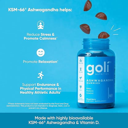 Goli Ashwagandha & Vitamin D Gummy 120 Count - Relax. Restore. Unwind. (Mixed Berry, KSM-66, Vegan, Plant Based, Non-GMO, Gluten-Free & Gelatin Free), Pack of 2