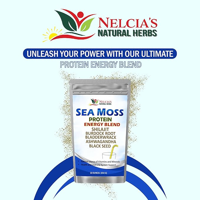 Nelcia'S Natural Herbs Sea Moss Ashwagandha Protein Powder -Natural Irish Sea Moss, Bladderwrack and Burdock Root, Black Seed and Shilajit Powder (16oz)