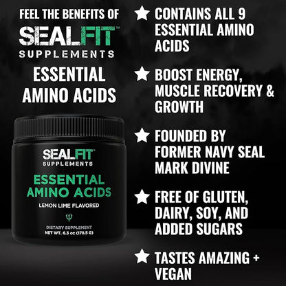 SEALFIT Essential Amino Acids Pre + During + Post Workout Powder. EAA + BCAA Aminos Supplement for Energy, Muscle Growth, and Recovery. EAAs and BCAAs. Perfect Preworkout for Men & Women. Lemon Lime