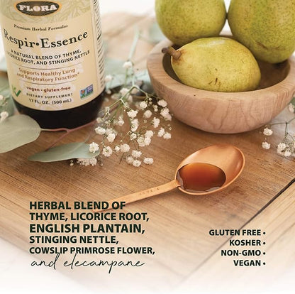Flora - Respir-Essence - Supports Lung & Respiratory Health - Contains Thyme, Licorice Root, Elecampane & More - Non-GMO, Vegan, Gluten-Free & Kosher - 17 fl. oz. Glass Bottle