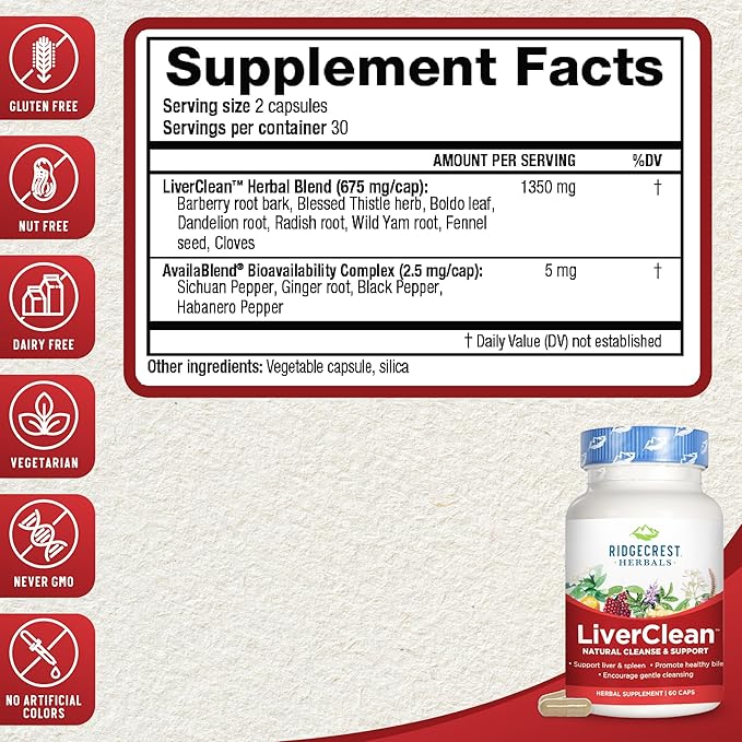 Ridgecrest Herbals LiverClean, Herbal Liver Support Supplement, Blessed Thistle, Dandelion, Detox, Cleanse Support, Healthy Bile (60 Caps, 30 Serv)