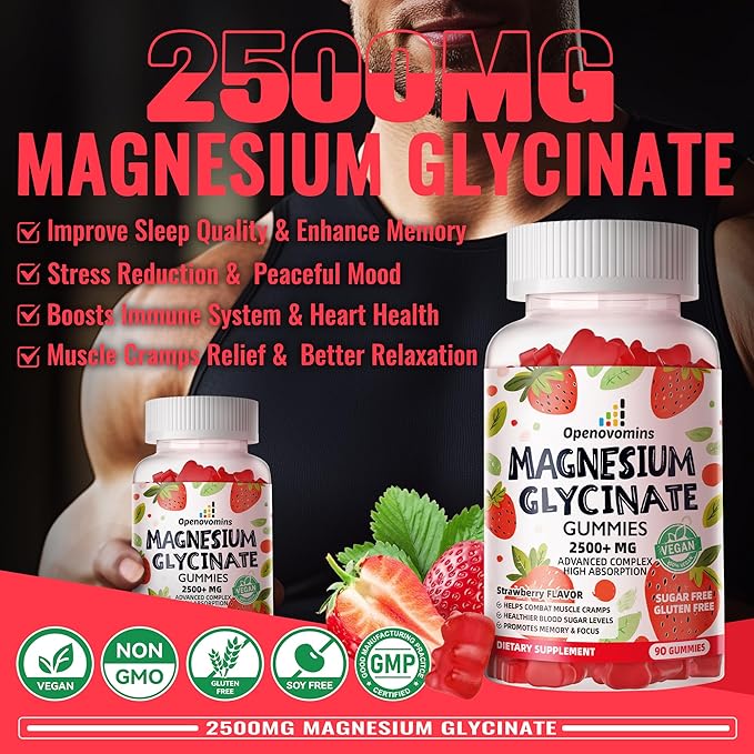 Magnesium Glycinate Gummies 2500mg - Sugar Free Magnesium Potassium Supplement with Vitamin D, B6, CoQ10 for Calm Mood & Sleep Support - 90 Strawberry Gummies