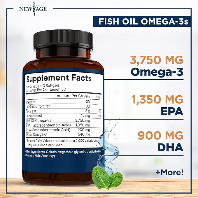 Triple Strength Omega 3 Fish Oil 3750 mg - EPA & DHA - Over 3000mg Omega-3 Fatty Acids - 1350mg EPA + 900mg DHA - Best Essential Fatty Acids, Burpless Fish Oil - 90 Count
