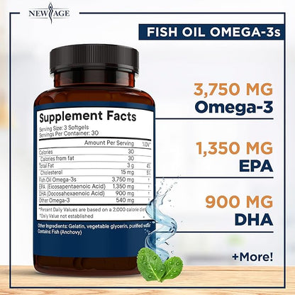 Triple Strength Omega 3 Fish Oil 3750 mg - EPA & DHA - Over 3000mg Omega-3 Fatty Acids - 1350mg EPA + 900mg DHA - Best Essential Fatty Acids, Burpless Fish Oil - 270 Count