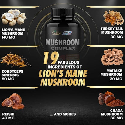 Cadane Mushroom Complex Supplements - 19in1 Concentrated with Lions Mane, Cordyceps Sinensis, Reishi, Turkey Tail Mushroom, Maitake, Chaga, Shiitake, Enoki & More - 120 Caps for 4 Months Supply