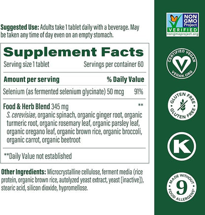 MegaFood Selenium - Selenium 50 mcg - Supplement with Food & Herb Blend - Immune Support - Vegan, Non-GMO - Made Without 9 Food Allergens - 60 Tablets (60 Servings)