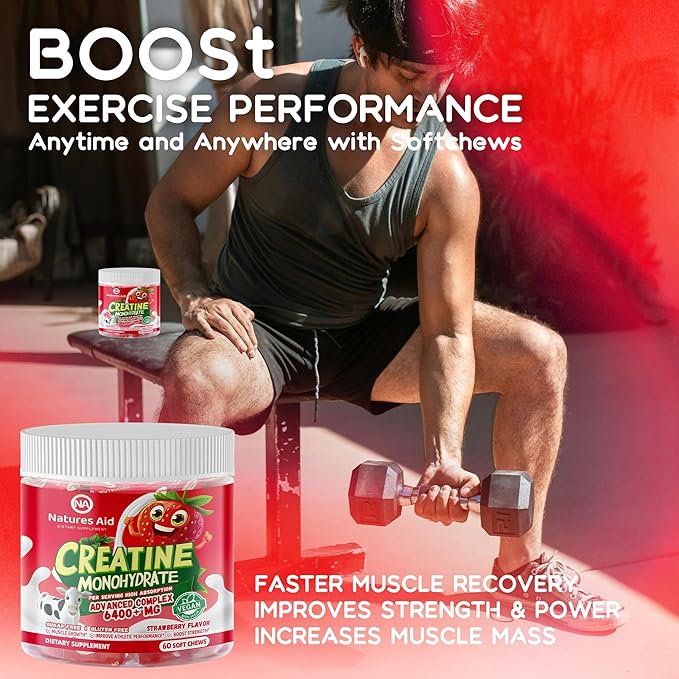 Creatine Monohydrate Chews Complex for Men & Women -Advanced Formula W/L-Taurine + Vitamin B12, Sugar Free Chewable Supplement,60 Strawberry Softchews.