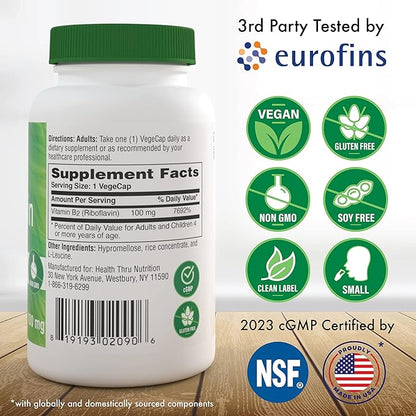Health Thru Nutrition Riboflavin 100mg Vitamin B2 100 Vegecaps | Supports Healthy Energy Metabolic Function & Nervous System | 3rd Party Tested | Non-GMO Soy & Gluten Free Hypoallergenic