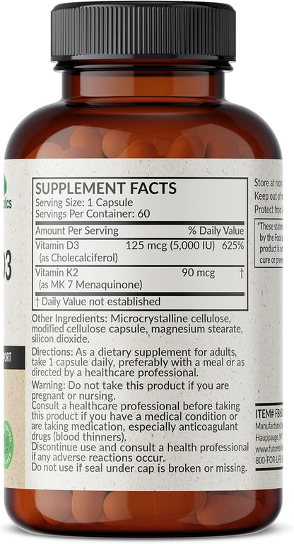 Futurebiotics Vitamin K2 (MK7) with D3 Supplement - Non-GMO Formula - 5000 IU Vitamin D3 & 90 mcg Vitamin K2 MK-7, 60 Vegetarian Capsules
