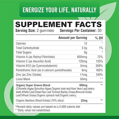 IMPACT Supergreens Veggies Gummies - Vegetarian Fiber Gummies for Adults & Kids - Daily Green Superfoods with Essential Vitamins & Support Immunity & Gut Health - 4g of Fiber per Two Gummy (60 Count)