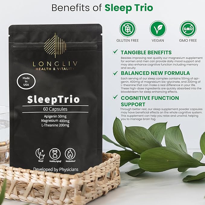 Sleep Trio - Made in USA Magnesium Apigenin L-Theanine Capsules – Premium 3-in-1 Cocktail for Sleep Management - Sleep Cocktail – Without Melatonin - 60 Capsules