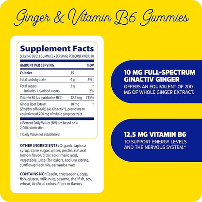 Enzymedica, Ginger & Vitamin B6 Gummies, Support for Occasional Nausea & Indigestion, High Potency, Equivalent to 200 mg Ginger Extract, 60 Count